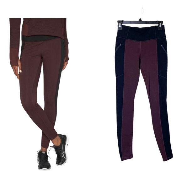 Athleta Pants - Athleta Black & Burgundy Colorblock Polartec Fleece Lined Leggings Size XXS